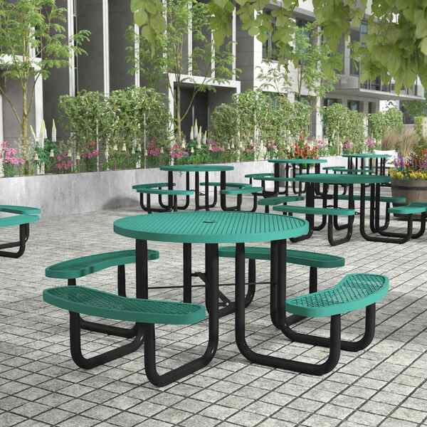 Flash Furniture Creekside 46 in Round Outdoor Picnic Table, Green Top/Seat, Black Frame, Mesh Metal Top SLF-EMR-46-GN-GG